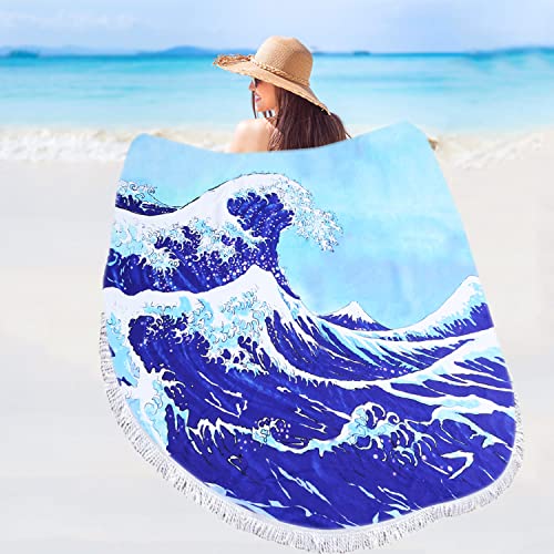 Violet Mist Blue Sea Wave Round Beach Blanket 60" Soft Microfibre Circular Beach Towel Throw with Fringe Large Sand Free Circle Beach Blanket with Tassels for Women Travel Swimming Pool Picnic Towel - color: Blue Sea Wave