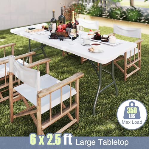 Goplus 6ft Plastic Folding Table, 350 LBS Outdoor Heavy Duty Folding Tables with HDPE Tabletop, Handle, Lock, Foldable Rectangle Portable Utility Card Table for Picnic, Party, Camping, Dining - color: White, size: 6 FT