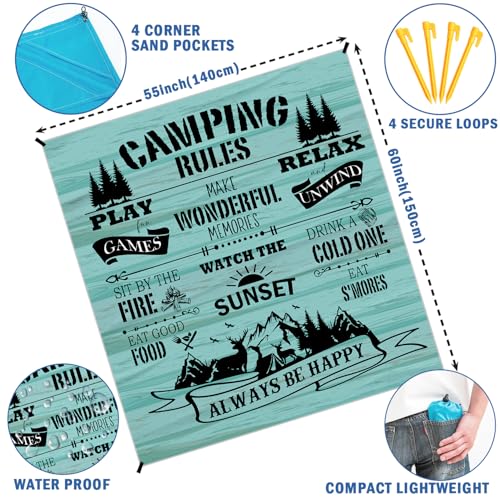 Rustic Camping Rules Pocket Picnic Blankets, Camp Mini Beach Camping Blanket Waterproof Sandproof, Blue RV Decorative Outdoor Blanket Mat Gifts for Camper Campsite Travel Hiking 55x60in - color: Rules