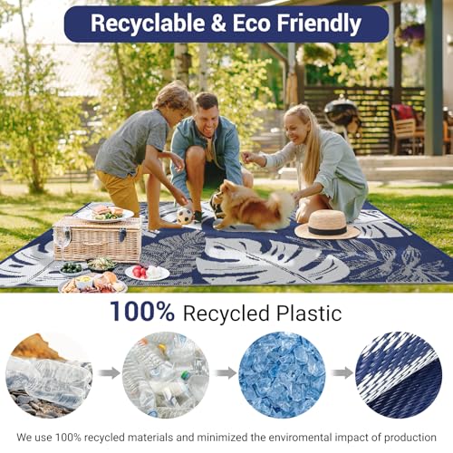 COZYLOOM Outdoor Rug 9x12 Waterproof for Patio Clearance,Large Plastic Straw Mat for Camping,Porch,RV, Waterproof Tropical Leaf Patio Carpet, UV-Resistant Reversible Mat for Backyard, RV, Deck, Picnic - color: Leaf Navy/White, size: 9'x12'
