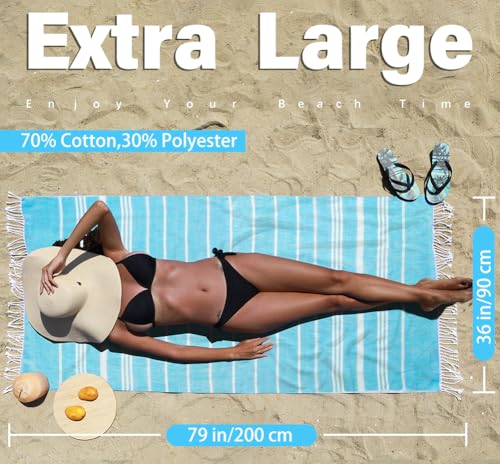 Widdonen Thin Turkish Beach Towel Lightweight Quick Dry Absorbent Cotton Bathroom Bath Pool Swim Towels Extra Large Oversized Sand Free Beach Accessories Essentials Cloud Gifts for Adult - color: 2 Pack Ablue Green, size: X-large(79 X 36 Inches,200 X 90 C