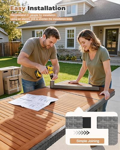 Flamaker 9 Piece Patio Dining Set Outdoor Acacia Wood Table and Chairs with Soft Cushions Wicker Patio Furniture for Deck, Backyard, Garden (Grey) - color: Grey, size: 9 Piece