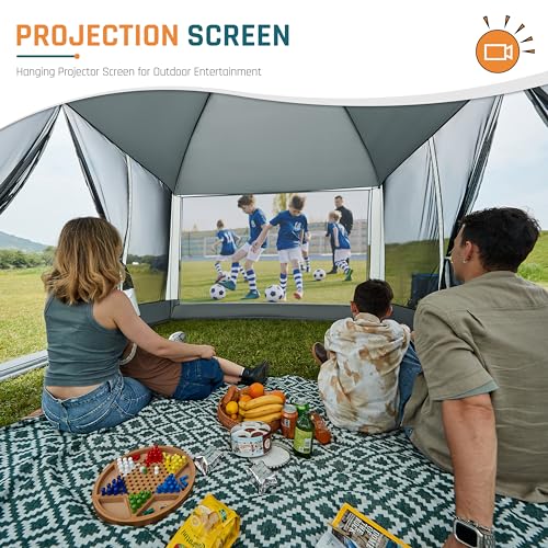 Screen House Tent 13x9ft Screen Room Mesh Gazebos w/ 2 Magnetic Doors, Included Projection Screen, Camping Tent Screened Canopy Shelter for Outdoor Patios Backyards Activities (Gray)