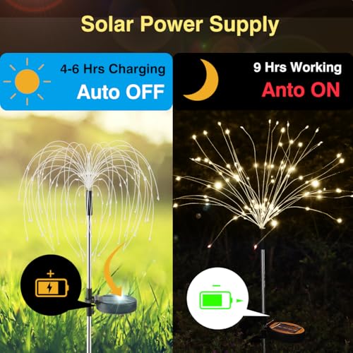 Lewondr Firework Solar Garden Lights 4 Pack, 120 LED Solar Firework Lights with 8 Lighting Modes, Waterproof Sparkler Starburst Solar Lights Outdoor for Yard Porch Patio Backyard, Warm - size: 4 Pack, style: Firework Warm White Light
