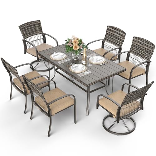 Pamapic 7-Piece Outdoor Dining Set with Table, Patio Furniture Includes 2 Swivel Chairs, 4 Wicker Chairs & Beige Removable Cushions, Weather Resistant Iron Frame for Backyard, Deck, Garden (Beige) - color: Beige