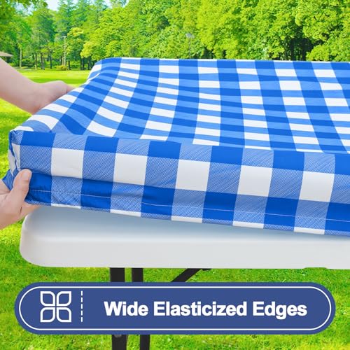 Smiry Picnic Table Cloth 2 Pack, Waterproof Elastic Fitted Tablecloths for 5FT Rectangle Tables, Washable Polyester Buffalo Plaid Tablecloth for Camping, Dining & Outdoor (Blue & White, 30" x 60") - color: Blue and White, size: 30" x 60"