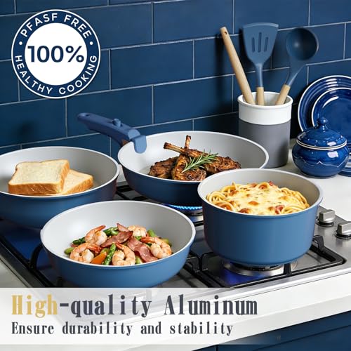 Umite Chef Pots and Pans Set Non Stick, 21 pcs Ceramic Cookware Set with Detachable Handles, Healthy Induction Cookware Oven Safe RV Kitchen Cooking Set with Utensils, PFAS PFOA & PTFE Free, Navy - color: Navy
