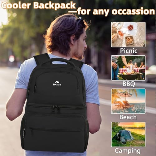 MATEIN Cooler Backpack, 26 Cans Insulated Lunch Backpack for Men Women, Leakproof Double Layer Lunch Cooler Bag Lightweight Soft Lunch Backpack with Cooler Compartment, Beach Camping Hiking Beer Gifts - color: Black, size: 26 Cans