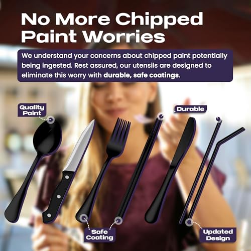 Taplord Portable Travel Silverware Set With Case, Includes 10 Pcs of Travel Utensils With Case, Stainless Steel Flatware Set For Camping, Lightweight (Black) - color: Black, size: 10 Pieces
