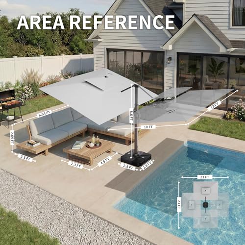 10 X 13 FT Cantilever Patio Umbrella with LED Lights Outdoor Heavy Duty Double Top Windproof Rectangle Offset Umbrellas with 360-degree Rotation for Pool Deck Backyard, Foggy Grey - color: Foggy Grey, size: 10' X13'-Weighted Base Not Included