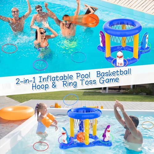H-Style Pool Toys Pool Floats Pool Games for Kids Adult, Inflatable Pool Basketball Hoop & Ring Toss Game, 2-in-1 Pool Floating Outdoor Party Water Toy for Adults Family Kids Ages 4-8-12 (Blue-1)