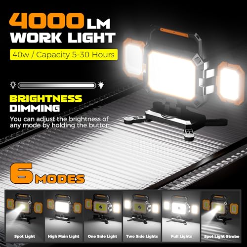YZONI 40W Rechargeable Work Light, 4000LM Magnetic LED Work Light with 6 Modes, Battery Powered Portable Mechanic Lights with 360°Rotate Foldable Design for Auto Car, Garage, Workshop - style: Modern