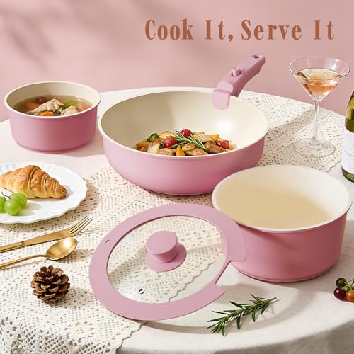 Umite Chef Pots and Pans Set Non Stick, 21 pcs Nonstick Ceramic Cookware Set, RV Kitchen Cooking Set with Detachable Handles, Oven Safe, Induction Cookware, Stackable, Pink, PFAS PFOA & PTFE Free - color: Pink