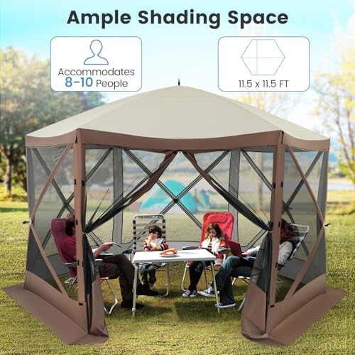 Tangkula 11.5x11.5 Ft Pop Up Gazebo with Netting, Portable Screen Tent with 6 Sided Mesh Walls, 2 Sunshade Cloths, Outdoor Instant Canopy Shelter with Carry Bag for Camping, Lawn, Backyard - color: Brown, size: 11.5x11.5 Ft