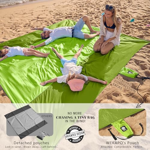 WEKAPO Beach Blanket Sandproof Waterproof, Extra Large Beach Mat, Oversized & Compact Sand Free, Quick Drying Beach Essentials for Vacation, Cruise, Picnic & Camping with Stakes - color: Green, size: 7x7 FT (1～3 person)