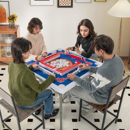 Goplus Mahjong Table, 35" Square Folding Card Table w/4Cup Holders, Anti Slip Mat, HDPE Tabletop, Metal Legs, Portable Mahjong Game Table for Domino Game, Picnic (Table w/Removable Mat, Blue) - style: Blue, Table w/Removable Mat
