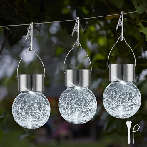Solar Lights Outdoor Hanging Decorative Globe 24 Pack, Waterproof Solar Lantern with Handle and Clip, Solar Powered Glass Ball Lights for Garden Yard Fence Tree Umbrella Holiday Décor, Cold White - color: Cold White, size: 24