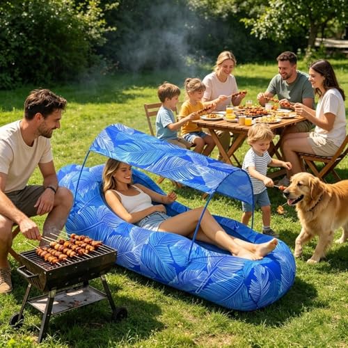 Inflatable Air Lounger with Sun Shade - Camping Air Sofa, No-Pump Blow Up Couch for Outdoor, Portable-Air Hammock, Lightweight Waterproof Fabric for Hiking Picnic Vacation Backyard Seaside - color: Blue