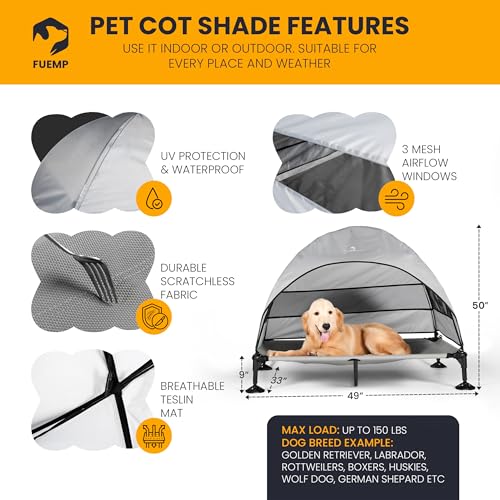 Elevated Dog Bed with Canopy |Included Travel Bag| |XL Size Portable Dog Bed|Widened Anti Slip Feet & Rain Resistant|Cooling|Elevated|Raised Cot for Large Dogs|Removable Shade