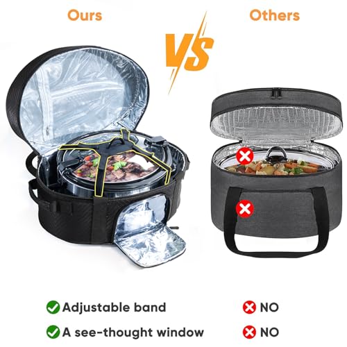 Insulated Slow Cooker Carrying Bag for 6-8 Quart CrockPot and Hamilton Beach Slow Cooker with See-thought Window, Portable Carrier Case with Adjustable Band and Accessory Pocket - color: Black