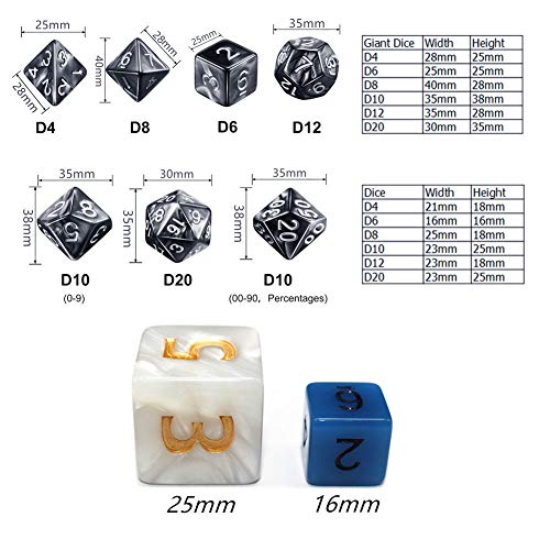 Dice- 25mm DND RPG Dice Set for Dungeons and Dragons D&D Pathfinder MTG Role Playing Dice Giant White Polyhedral Dice with Dice Bag - color: White