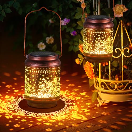 KOOPER 2 Pack Solar Lanterns Outdoor Waterproof Mothers Day Gifts for Women Mom Grandma, Metal Butterfly and Rose Hanging Solar Lantern Outdoor, 2 Modes Outdoor Decoration for Yard, Patio, Garden - size: Bronze, style: Butterflies