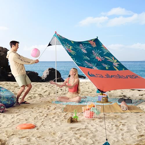 Quiksilver Portable Beach Shelter – UPF 50+ Sun Protection Tent with Sandbag Anchors & Ventilation, Lightweight & Waterproof for Beach, Camping, or Outdoor Use – Fits 4 Adults