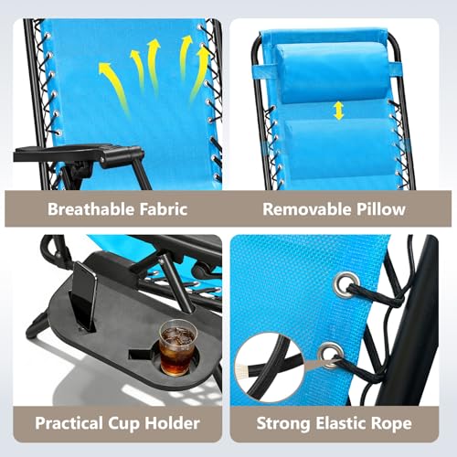Zero Gravity Chairs Set of 2, Adjustable Lounge Chair Outdoor Recliner, Folding Reclining Lawn Chair, Anti Gravity Chair with Pillow & Cup Holder for Pool Camping Sunbathing Beach Patio (Sky Blue) - color: Sky Blue, size: 2pcs