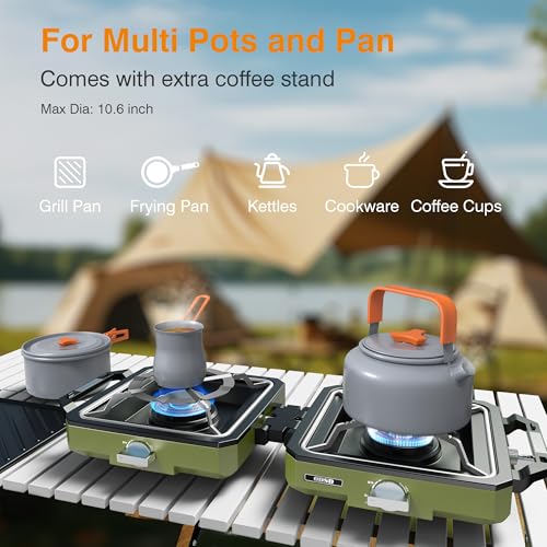 ODSD 2 Burner Camping Stove with Windshield, 20000 BTU Propane Camp Stove, Portable Folding Gas Stove, Camping Essentials Gear Includes Frying Pan, Coffee Stand & Carry Bag, Green - color: Green