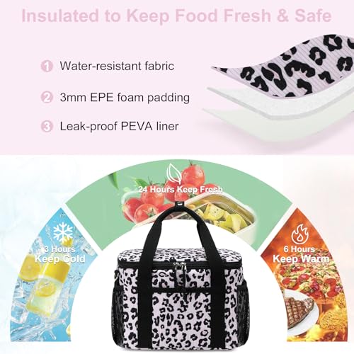 BTOOP Insulated Lunch Bag for Women, Cute Leakproof Lunch Box, Aesthetic Lunch Tote Bag with Large Capacity Shoulder Strap for Work, School, Picnic Pink-Leopard - color: Pink-Leopard, size: Medium