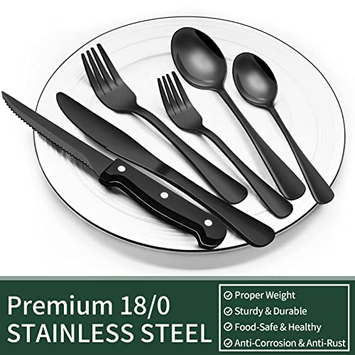 EWFEN 24-Piece Black Silverware Set with Steak Knives, Black Flatware Set for 4, Food-Grade Stainless Steel Tableware Cutlery Set, Mirror Finished Utensil Sets for Home Restaurant, Round Edge - style: Round Edge