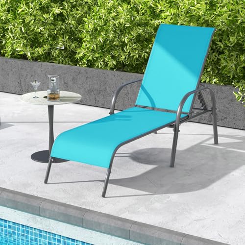 Giantex 2 Pack Patio Lounge Chair, Outdoor Chaise Lounge with 5 Adjustable Backrest, Sturdy Steel Frame, Sunbathing Recliner, Tanning Chair for Beach, Outside, Yard, Balcony, Pool Chairs (2,Turquoise) - color: Turquoise