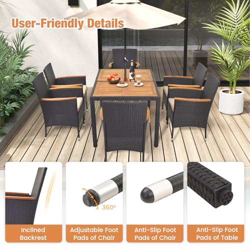 HAPPYGRILL 7 Pieces Outdoor Dining Set, Patio Conversation Set with Umbrella Hole, Acacia Wood Tabletop & Seat Cushions, Dining Table with 6 Rattan Wicker Chairs for Backyard Poolside Deck - color: Black & Beige