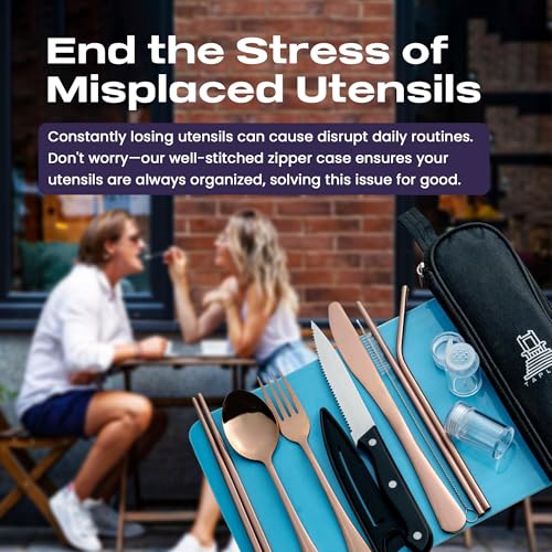 Taplord Portable Travel Silverware Set With Case, Includes 10 Pcs of Travel Utensils With Case, Stainless Steel Flatware Set For Camping, Lightweight (Rose Gold) - color: Rose Gold, size: 10 Pieces