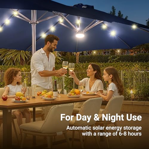 HOOOWOOO Outdoor Patio Umbrella With Solar Light,15 Ft Large Beach Umbrella,UV Protection Picnic Market Parasol Sunshade W Base Crank Handle For Backyard Deck Pool Shade - color: Navy Blue