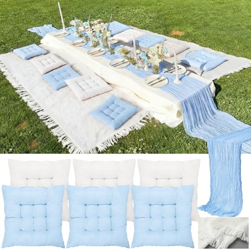 Extra Large Outdoor Picnic Blanket with Table Runner and Floor Pillow Cushion for Picnic Wedding Birthday Baby Shower Backyard Decor(91 x 71'',Light Blue,White,8 Pcs) - color: Light Blue,white