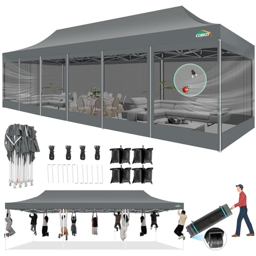 COBIZI 10x30 Pop Up Canopy with Sidewalls, Heavy Duty Canopy with Mosquito Netting, Easy up Screen Party Tents for Parties Backyard Outdoor Commercial Event Gazebo with Roller Bag, Sandbags, Gray - color: Gray, size: 10x30ft(standard)