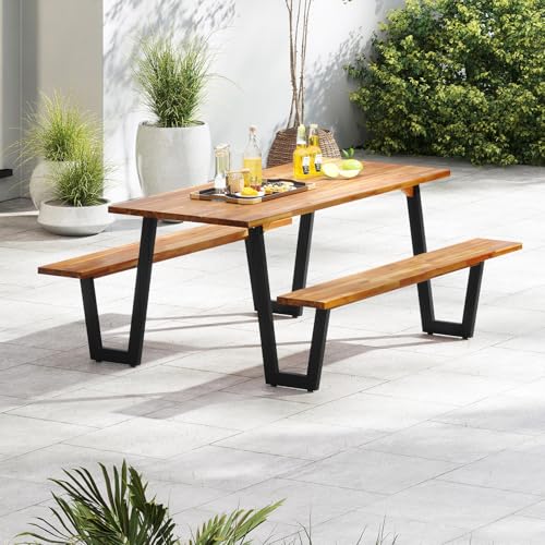 S AFSTAR 70" Outdoor Picnic Table, Heavy Duty Wooden Table and Bench Set with Umbrella Hole, All-Weather Acacia Wood Picnic Tables for 6, Garden, Backyard, Porch, Patio - size: Without Umbrella