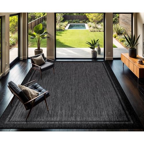 CAMILSON Indoor Outdoor Rug, 9x12 Bordered Dark Grey Black Modern Large Area Rugs for Indoor and Outdoor Patios, Kitchen and Hallway Mats, Washable Porch Deck Outside Carpet (Bordered Black, 9 x 12) - color: Bordered Black, size: 9' x 12' (Rectangular)