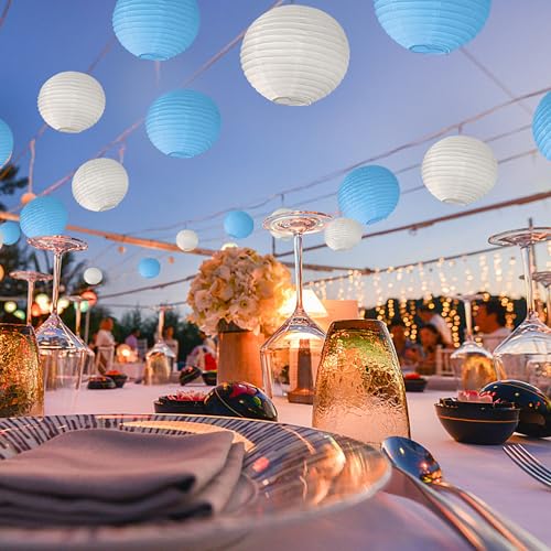 KNONEW 10 Pack White Outdoor Silk Lanterns Decorative, 10inch Waterprooof Outside Indoor Chinese Hanging Round Lanterns for Weddings, Birthdays, Parties Decoration (Blue and White) - color: Blue and White, size: 10Pcs