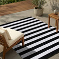 FH Home Outdoor Rug - Waterproof, Fade Resistant, Reversible - Premium Recycled Plastic - Striped - Large Patio, Deck, Sunroom, Camping, RV - Brittany Stripe - Black & White Crease Free - 5 x 8 ft - color: Brittany - Black & White, size: 5' x 8' (Rectangu
