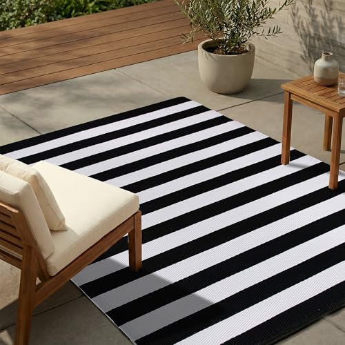 FH Home Outdoor Rug - Waterproof, Fade Resistant, Reversible - Premium Recycled Plastic - Striped - Porch, Deck, Balcony, Mudroom, Laundry Room, Patio - Brittany - Black & White Crease Free - 3 x 5 ft - color: Brittany - Black & White, size: 3' x 5' (Rect