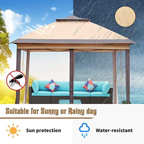 11x11 FT Gazebo Tent, Outdoor Tents for Parties with Mosquito Netting, Folding Heavy Duty Height Adjustable Canopy Tent for Patio Backyard Garden (Brown) - color: Brown