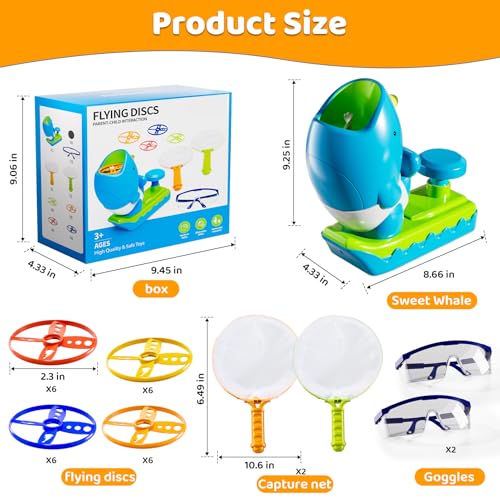 Flying Disc Launcher Outdoor Toys with 1 Whale Launcher, 24 Flying Discs, 2 Butterfly Nets and 2 Protective Glasses, Outside Toys for Kids Ages 3-5 6-8 Boys Girls Chasing Catching Games Birthday Gifts