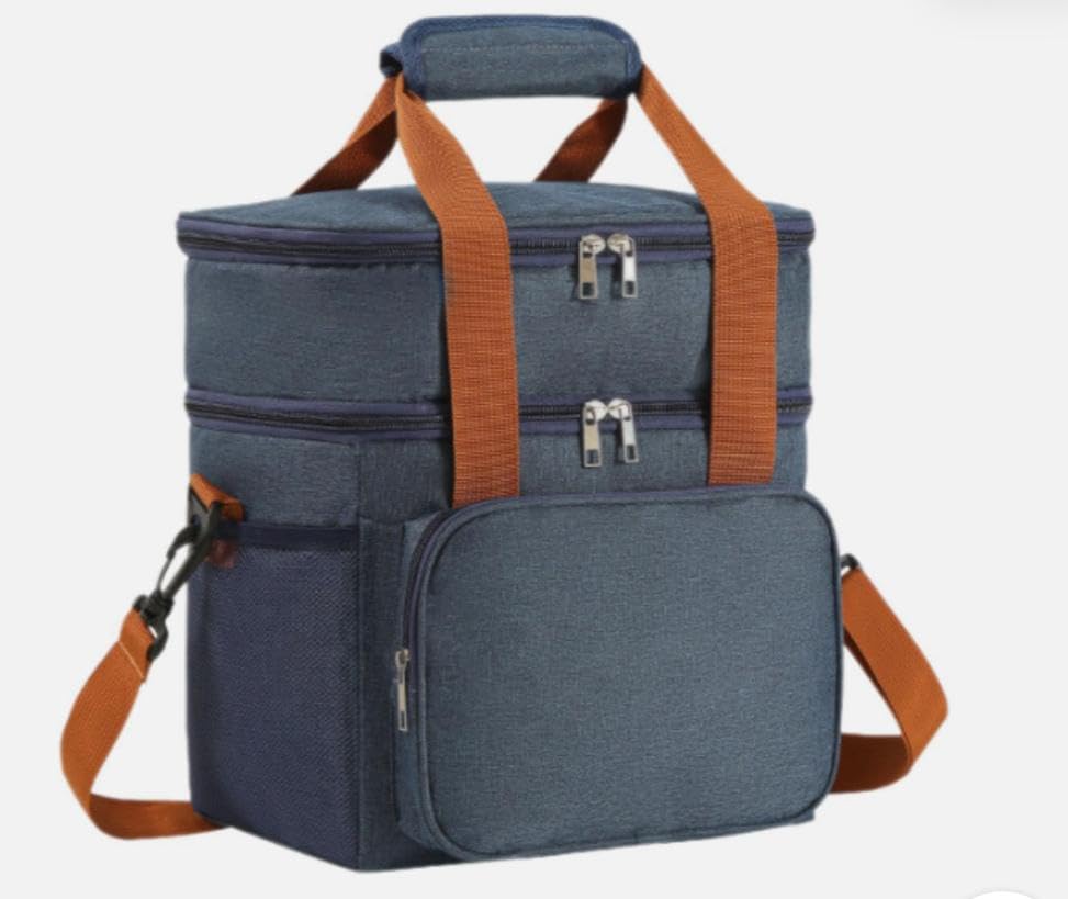 Double Layer Cooler Bag – Leakproof Thermal Food Storage Tote with Shoulder Strap – Large Capacity for Work, Travel, or Picnic – Available in Gray, Black & Navy Blue - color: Blue