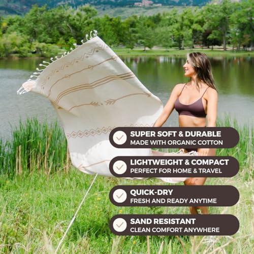 FESHKA Sand Proof Turkish Beach Towel – Oversized, Quick Dry & Lightweight Travel Towel - 100% Organic Cotton Beach Blanket - Perfect for Bath, Pool & Picnic | Native (Brown) - color: 06 - Brown