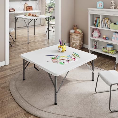 34” Square Folding Table, Small Folding Table with Easy-Carry Handle, White