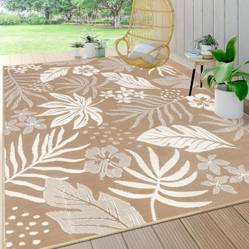 Pauwer Waterproof Outdoor Rug 8x10, Reversible Plastic Straw Patio Camping Rug, Indoor Outdoor RV Mat Carpet for Deck, Camper, Porch, Balcony, Backyard, Picnic, Floral Brown - color: Floral Brown, size: 8' x 10' (Rectangular)