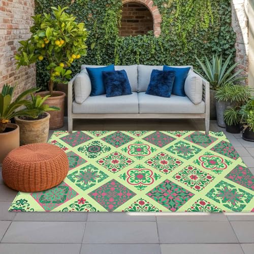 Bohemia Area Rug 5' x 7', Outdoor Rugs for Patio Rug Carpet for Sofa Living Room Bedroom, Large Floor Mat and Rugs for RV, Backyard, Deck, Picnic, Vintage Country Farmhouse Boho Style Light Green - color: Lemon Green, size: 5' x 7' (Rectangular)