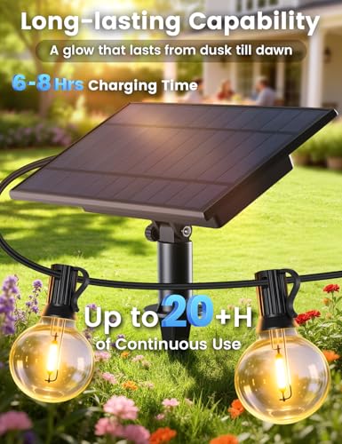 Brightever 120FT Solar String Lights Outdoor with Remote, Waterproof Dimmable 3 Modes Outdoor Lights with 50+2 LED Shatterproof G40 Bulbs, Solar Power Patio Lights for Outside Wedding Party Decor - size: 120FT